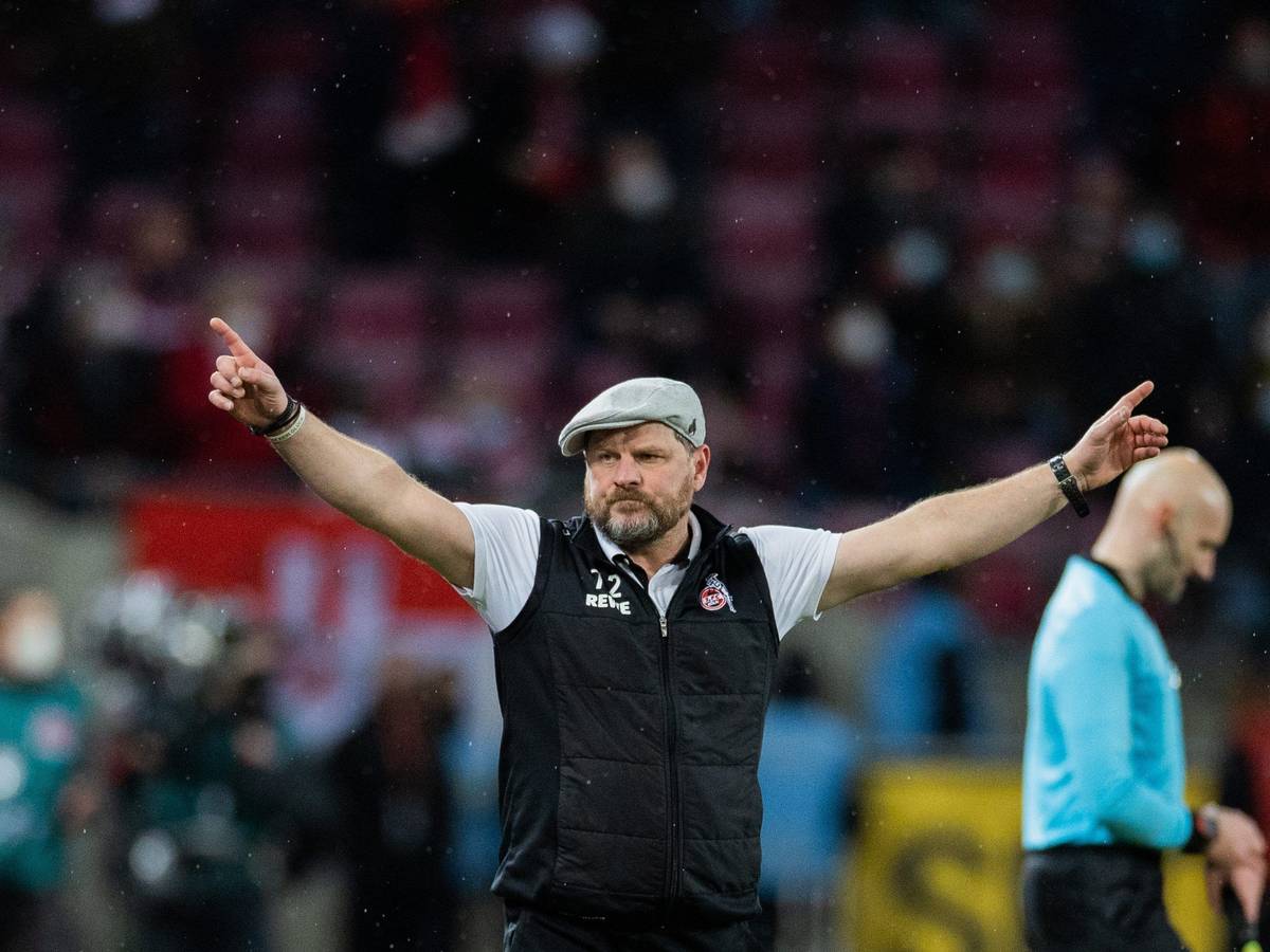Kölns Trainer Steffen Baumgart jubelt beim Schlusspfiff.
