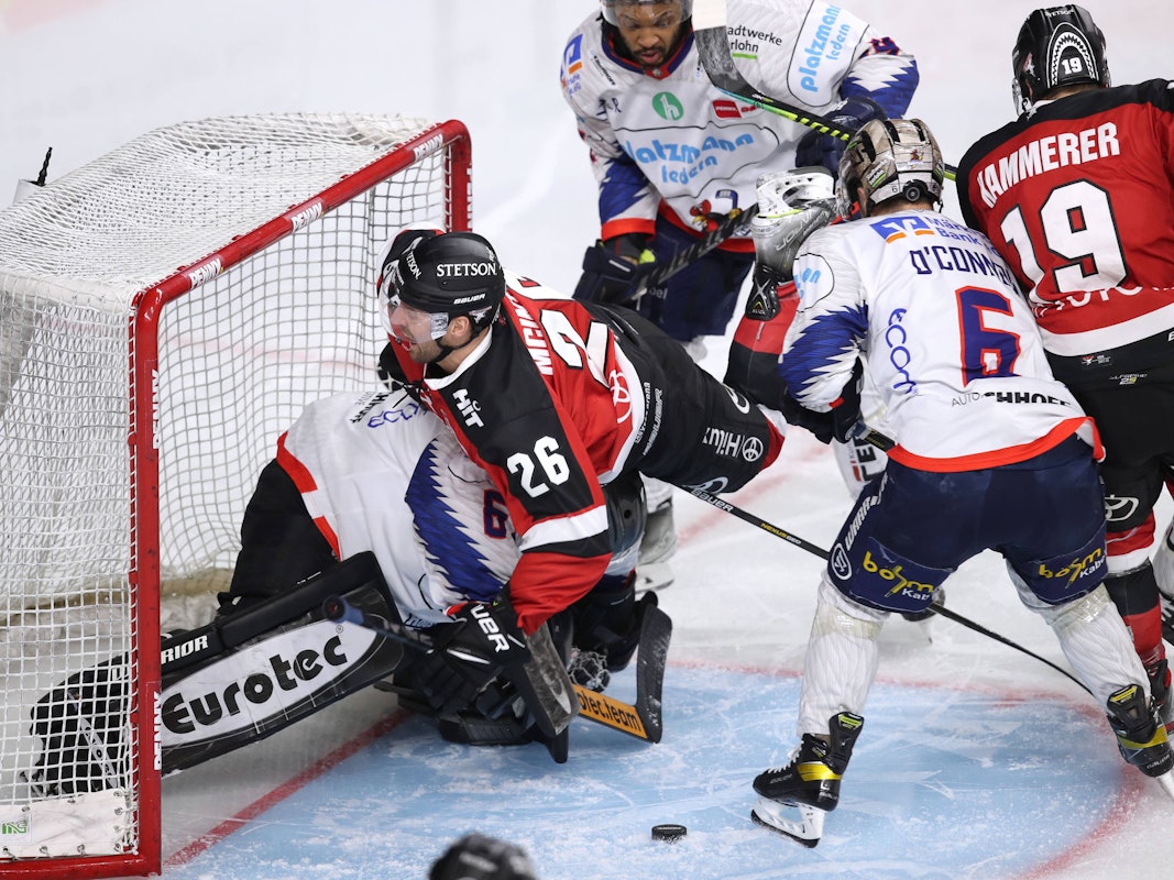 Duell um den Puck im DEL-Spiel der Kölner Haie und den Iserlohn Roosters.