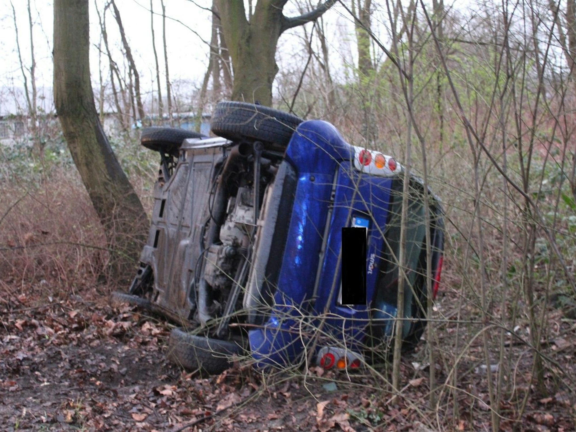 Ein verunfallter Smart liegt in Duisburg auf der Seite im Grün.
