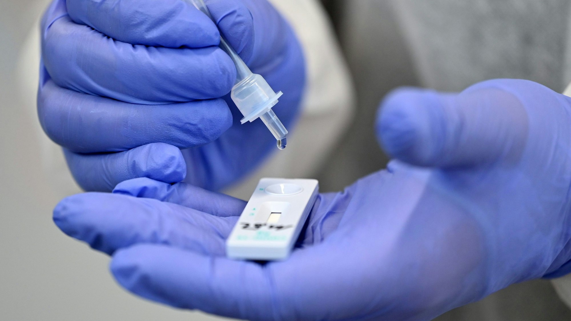 Ein Helfer verarbeitet am 2. Dezember 2020 eine Probe für einen Corona-Schnelltest in Thüringen.