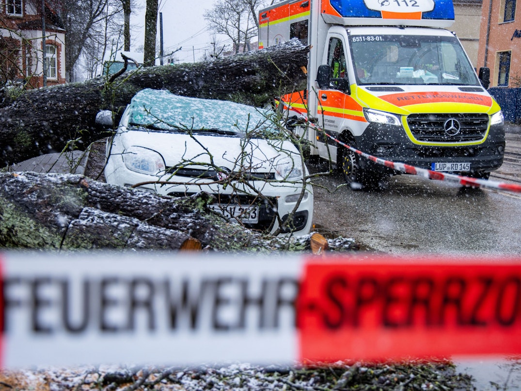 Ein entwurzelten Baum liegt am 21.02.2022 in der Innenstadt auf einem Kleinwagen. Die Versicherungsbranche rechnet infolge der jüngsten Winterstürme mit Schäden in Milliardenhöhe.