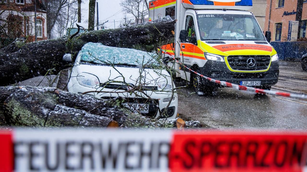 Ein entwurzelten Baum liegt am 21.02.2022 in der Innenstadt auf einem Kleinwagen. Die Versicherungsbranche rechnet infolge der jüngsten Winterstürme mit Schäden in Milliardenhöhe.
