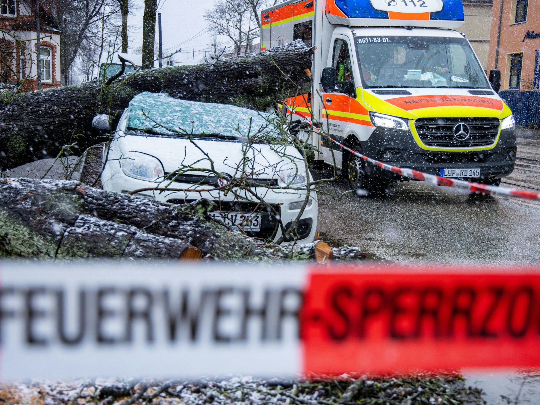 Ein entwurzelten Baum liegt am 21.02.2022 in der Innenstadt auf einem Kleinwagen. Die Versicherungsbranche rechnet infolge der jüngsten Winterstürme mit Schäden in Milliardenhöhe.