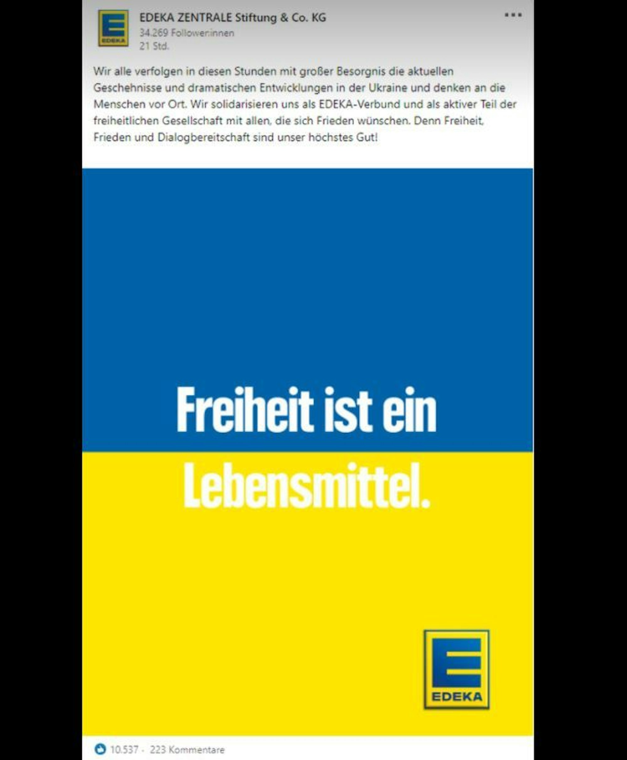Das Statement von Edeka zum Krieg in der Ukraine. Gepostet wurde es unter anderem bei LinkedIn.