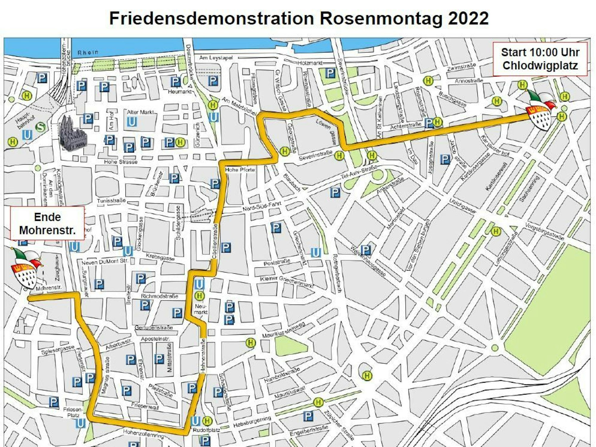Die Wegstrecke der Friedens-Demo am Rosenmontag 2022 in Köln.