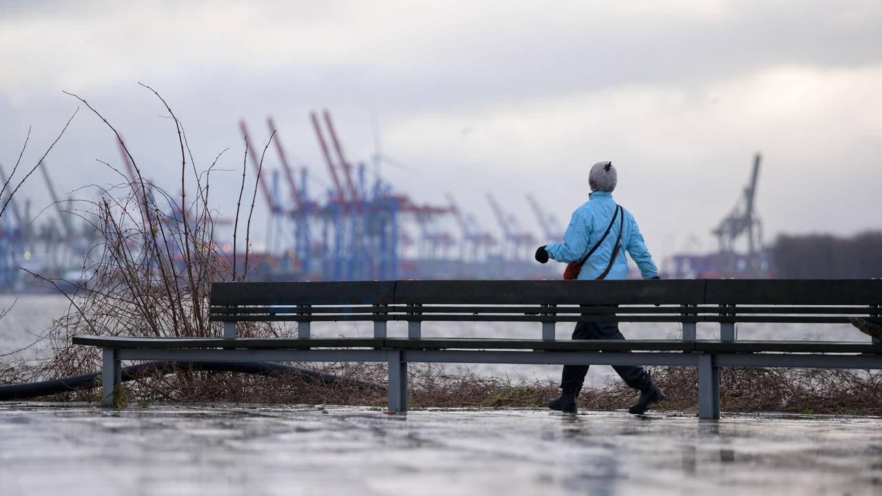 Eine Frau spaziert am 19. Februar 2022 an der Elbe bei Teufelsbrück vor der Hafenkulisse mit Containerbrücken.