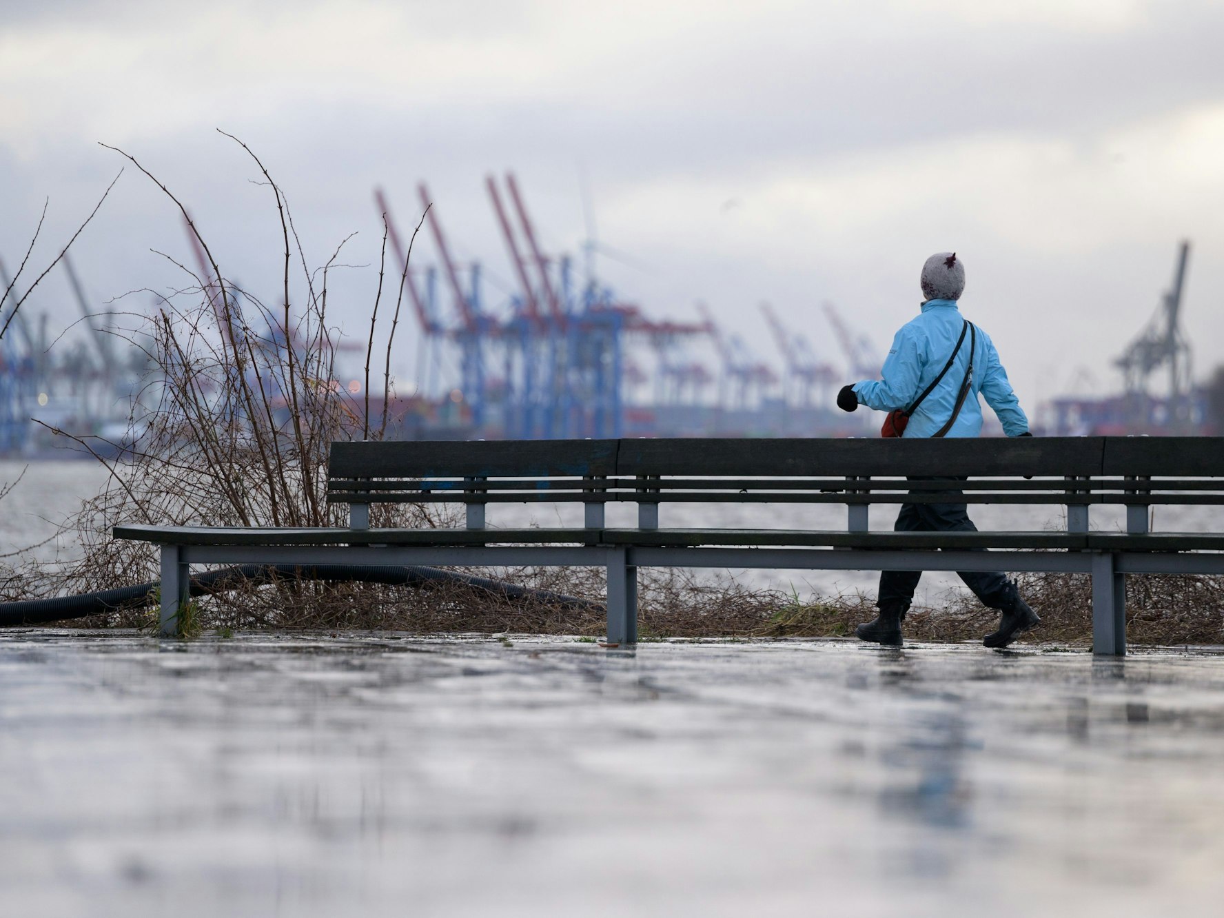 Eine Frau spaziert am 19. Februar 2022 an der Elbe bei Teufelsbrück vor der Hafenkulisse mit Containerbrücken.