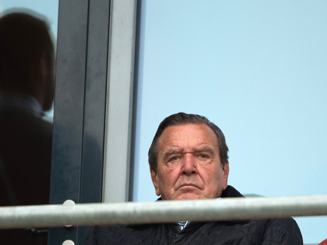 Altbundeskanzler Gerhard Schröder, Aufsichtsratsvorsitzender von Hannover 96, sitzt im Stadion.