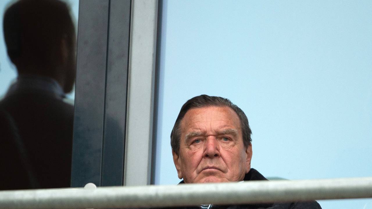 Altbundeskanzler Gerhard Schröder, Aufsichtsratsvorsitzender von Hannover 96, sitzt im Stadion.