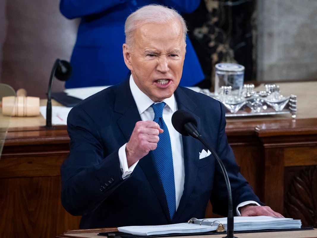 Joe Biden, Präsident der USA, spricht zu Abgeordneten bei seiner Rede zur Lage der Nation vor einer gemeinsamen Sitzung des Kongresses im Kapitol.