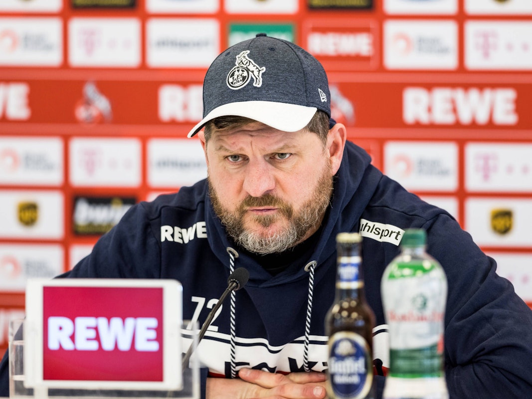 Steffen Baumgart spricht auf der Pressekonferenz des 1. FC Köln.