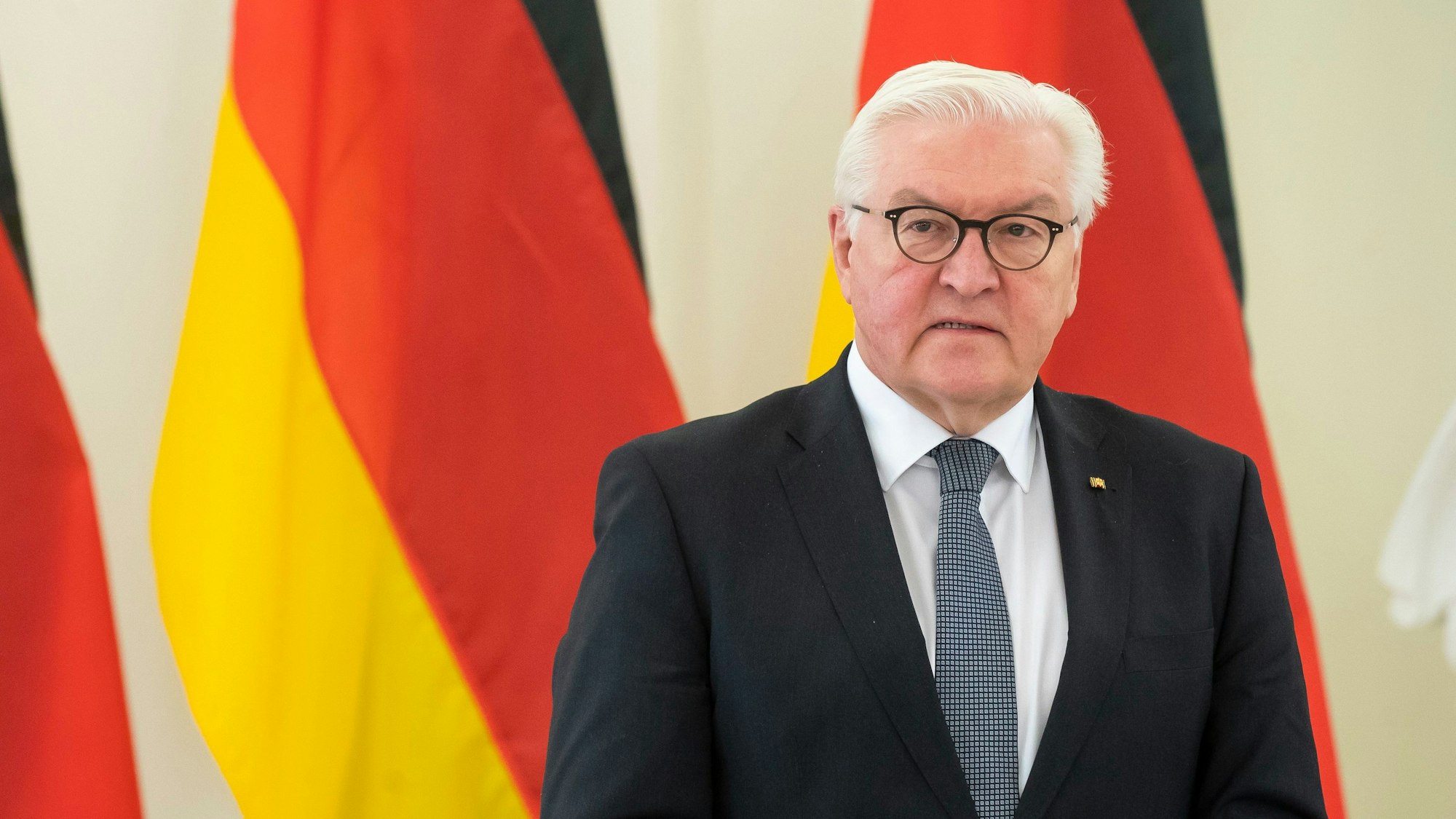 Frank-Walter Steinmeier steht vor der deutschen Flagge bei seinem Besuch in Litauen.