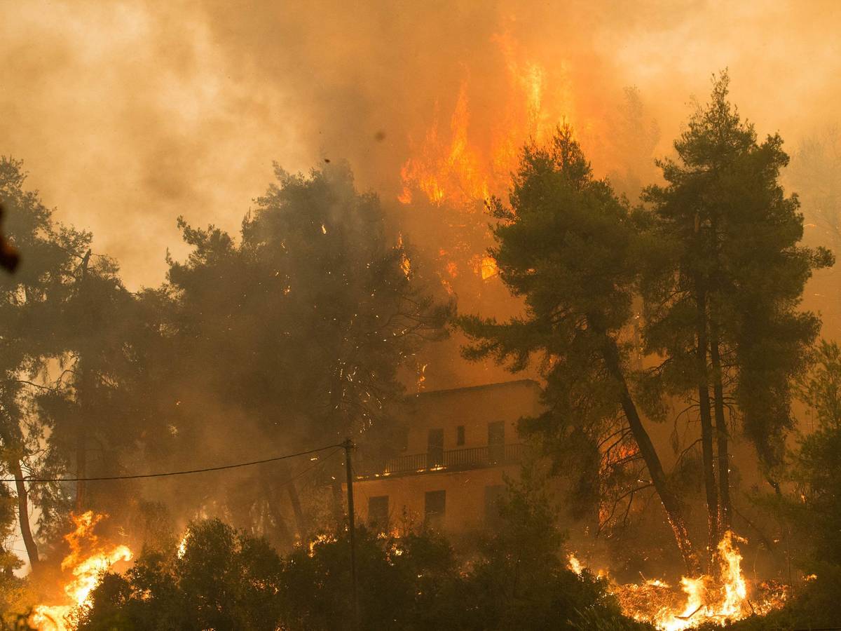 Dieses Foto zeigt einen Waldbrand am 8. August 2021 in Griechenland. Auch in NRW gab es in den vergangenen Jahren immer wieder verheerende Waldbrände.
