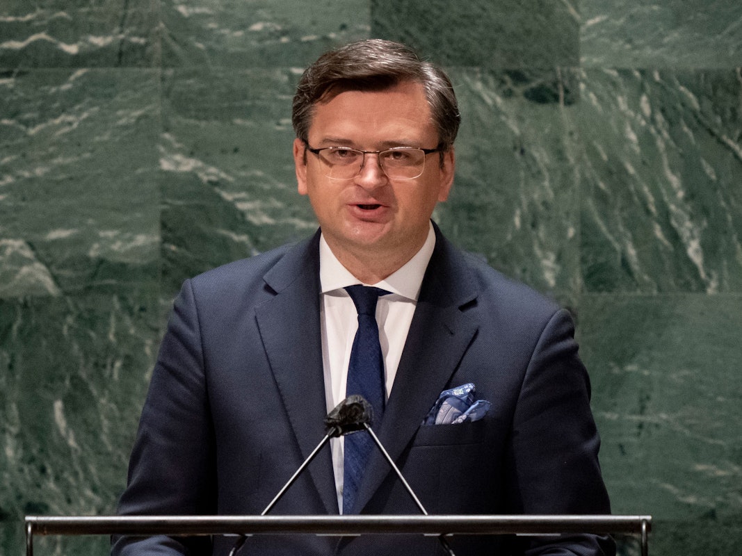 Dmytro Kuleba, Außenminister der Ukraine, spricht in der UN-Vollversammlung am Sitz der Vereinten Nationen.