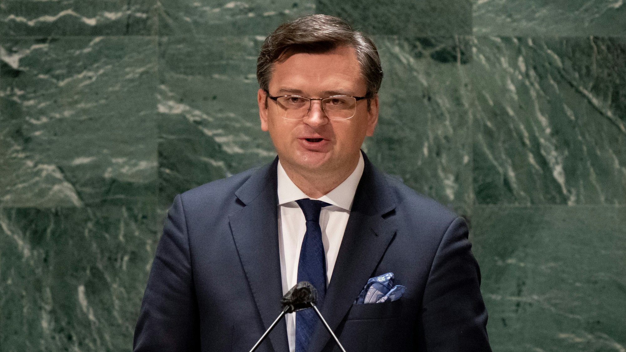 Dmytro Kuleba, Außenminister der Ukraine, spricht in der UN-Vollversammlung am Sitz der Vereinten Nationen.