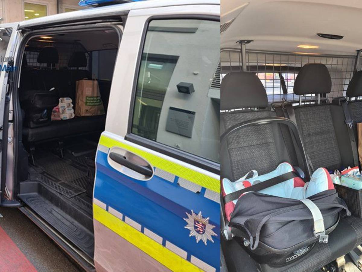Der Streifenwagen der Polizei Frankfurt mit den Spenden.