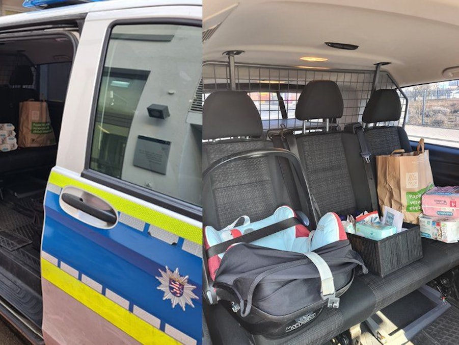 Der Streifenwagen der Polizei Frankfurt mit den Spenden.