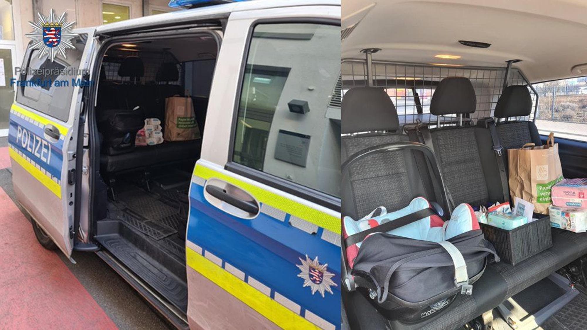 Der Streifenwagen der Polizei Frankfurt mit den Spenden.
