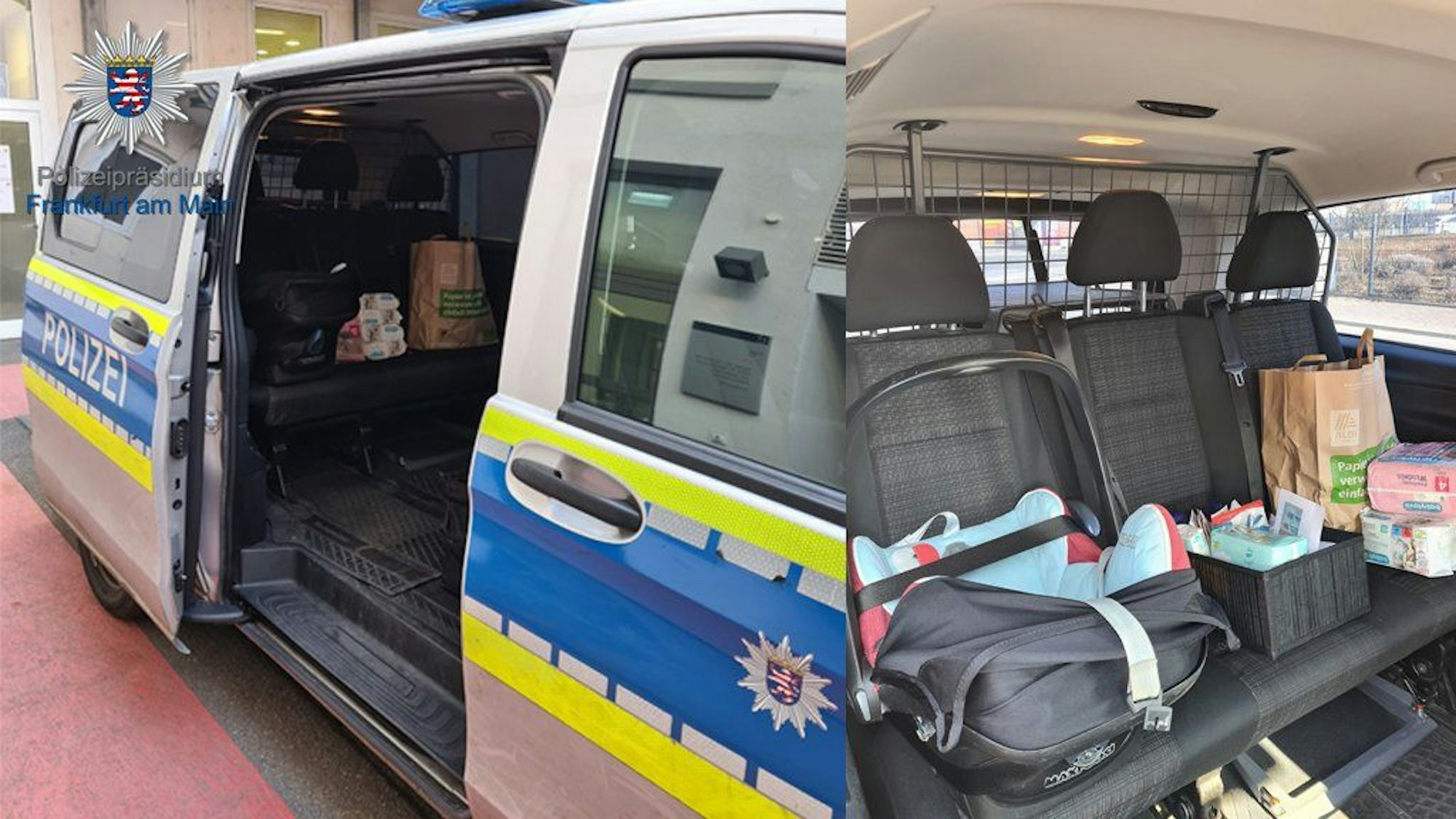 Der Streifenwagen der Polizei Frankfurt mit den Spenden.