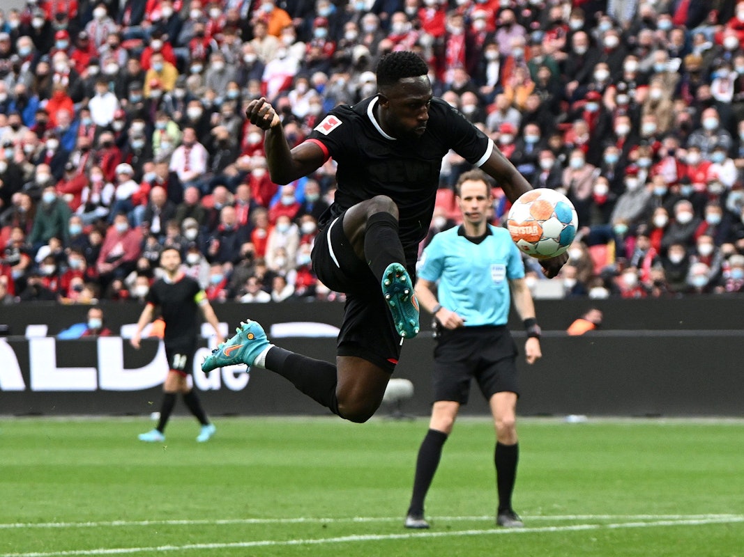 LEVERKUSEN, GERMANY - MARCH 13: Kingsley Schindler of FC Koln scores their side's first goal during the Bundesliga match between Bayer 04 Leverkusen and 1. FC Köln at BayArena on March 13, 2022 in Leverkusen, Germany. (Photo by Alexander Scheuber/Getty Images)
