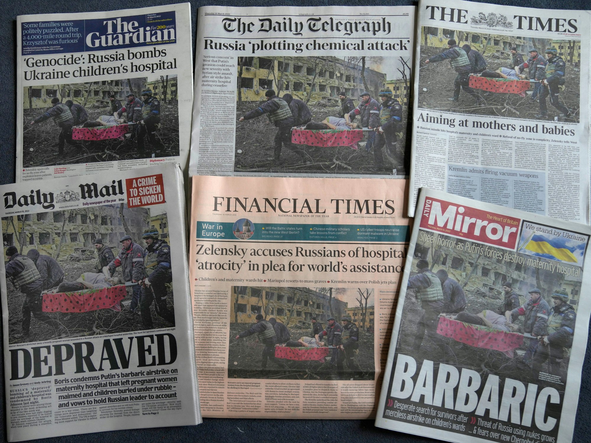 Das Foto der mittlerweile gestorbenen Schwangeren ging um die Welt: Hier eine Auswahl britischer Zeitungen am Donnerstag, 10. März 2022, die über den Luftangriff auf das Krankenhaus von Mariupol berichteten.