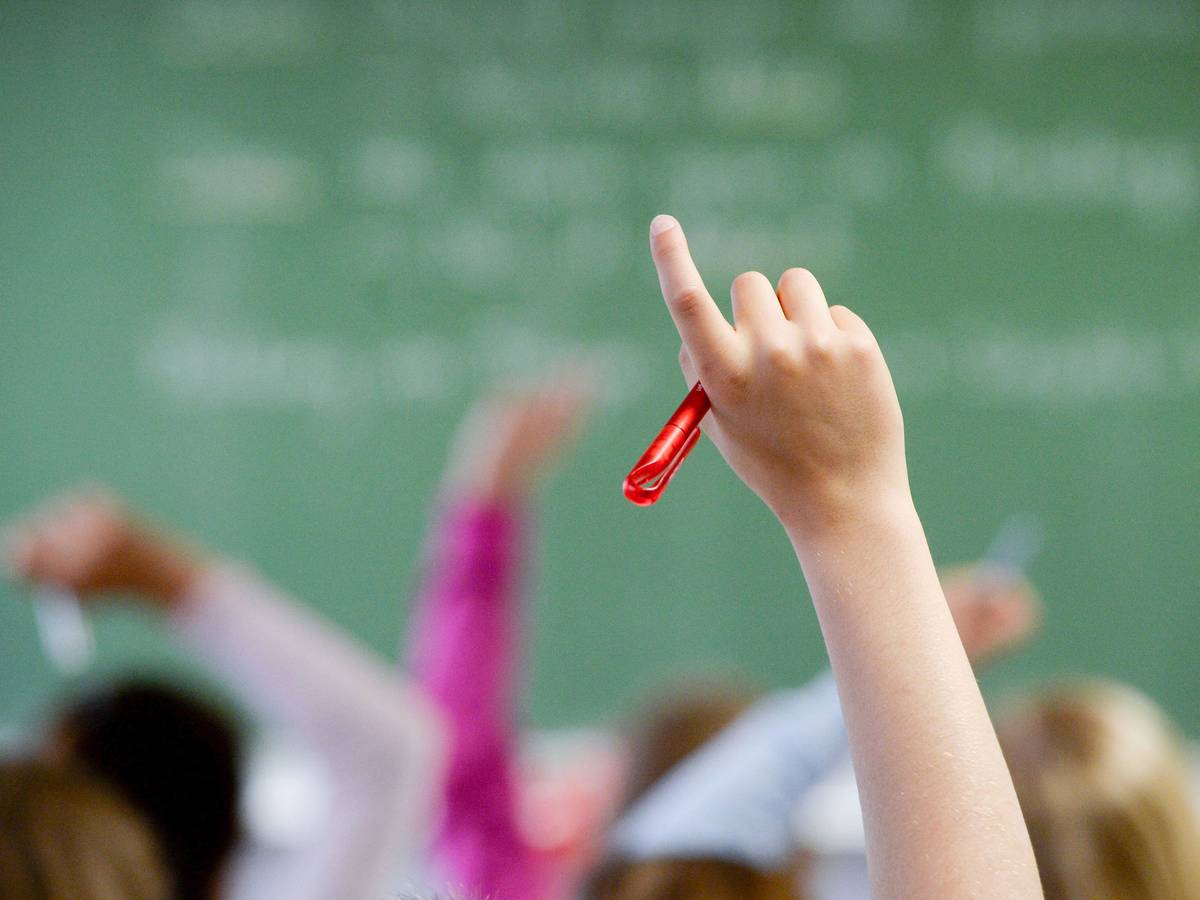 Eine Schülerin meldet sich in einem Klassenzimmer.