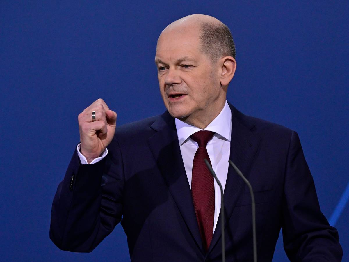 Bundeskanzler Scholz bei seiner Rede am 16. März in Berlin.