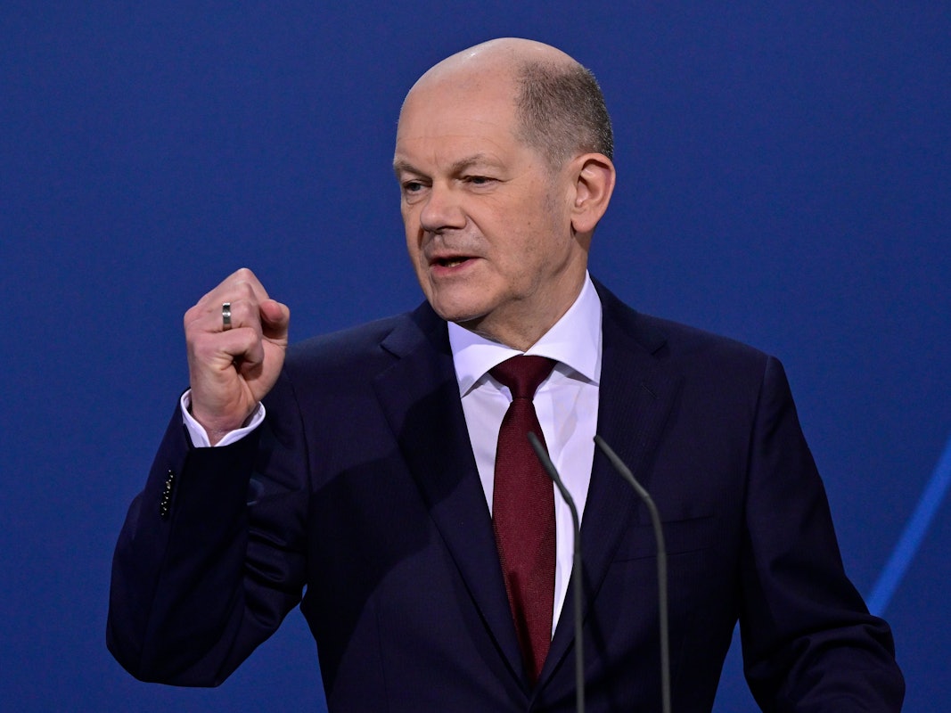 Bundeskanzler Scholz bei seiner Rede am 16. März in Berlin.