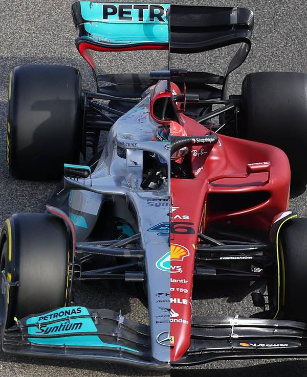Ein Split-Screen-Foto der Autos von Mercedes und Ferrari.