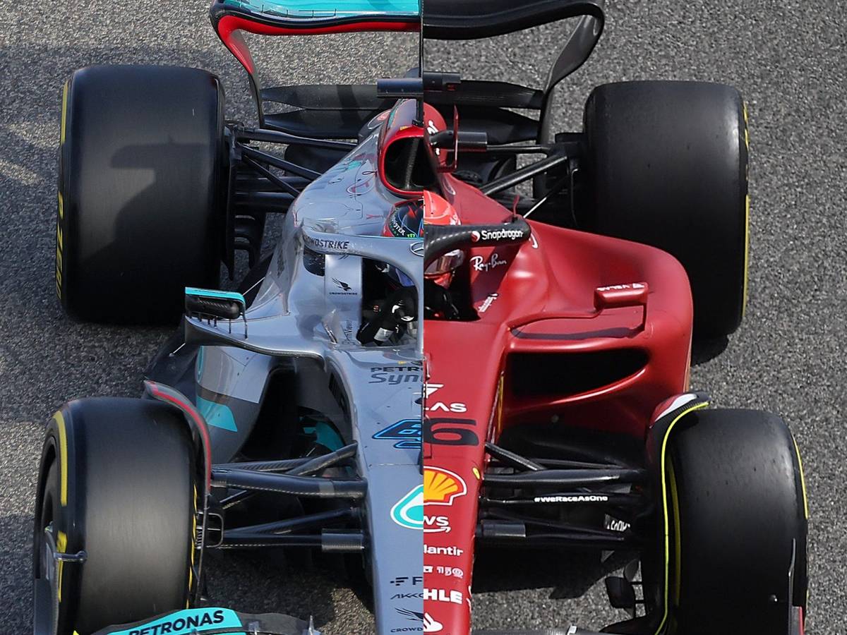 Ein Split-Screen-Foto der Autos von Mercedes und Ferrari.