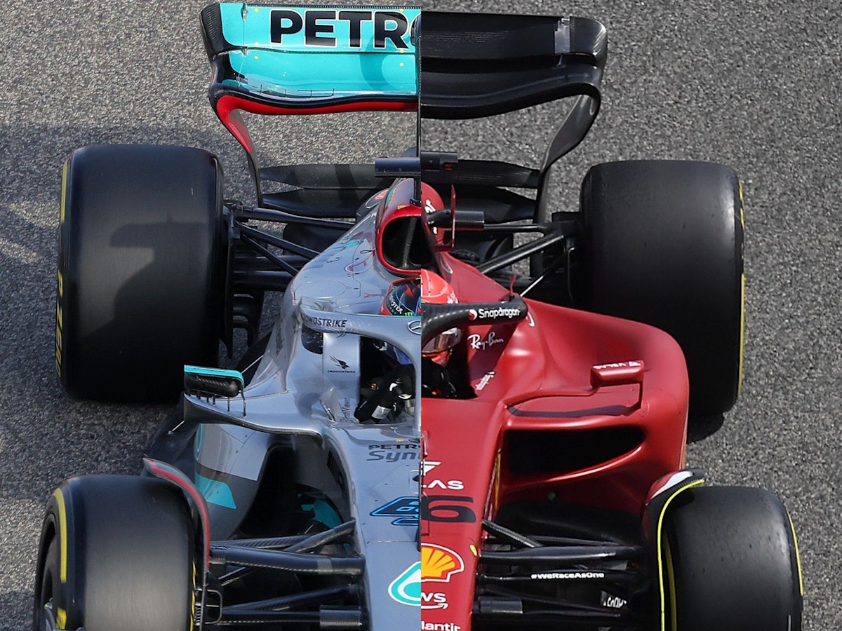 Ein Split-Screen-Foto der Autos von Mercedes und Ferrari.