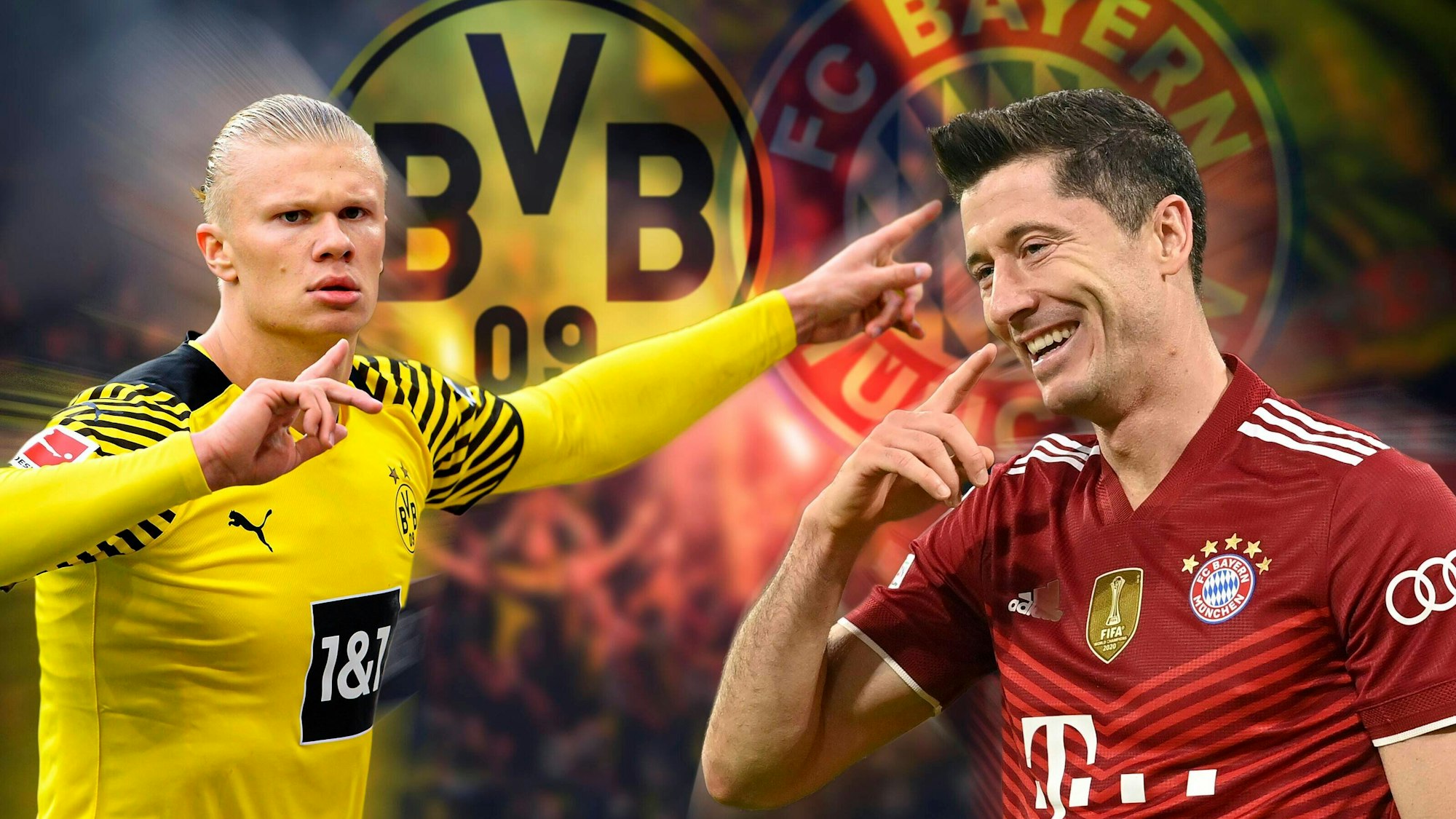 Fotomontage von Erling Haaland und Robert Lewandowski.