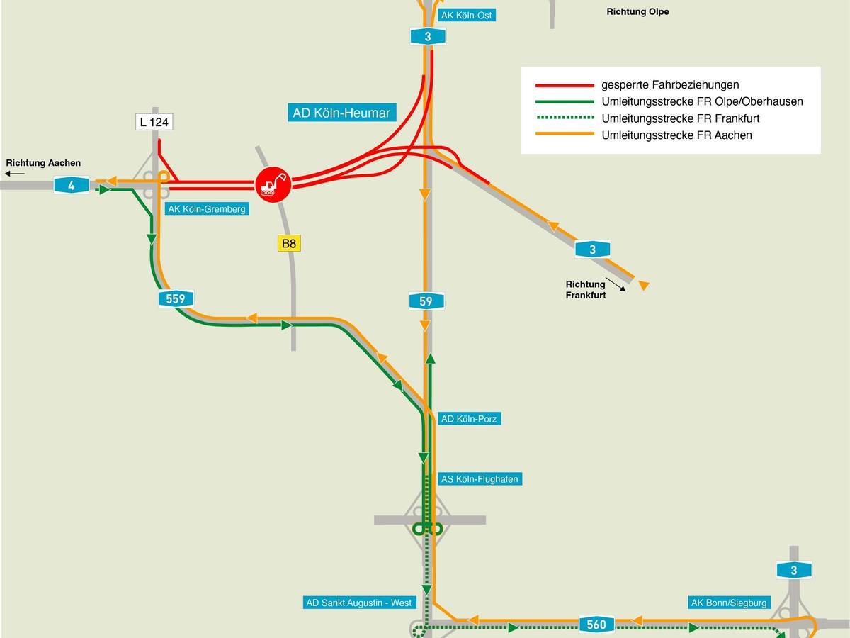 Eine Grafik zeigt die Umleitung. Die A4 wird am Wochenende (18. bis 21. März 2022) voll gesperrt. Wie Sie das Nadelöhr Köln-Heumar am besten umfahren können.