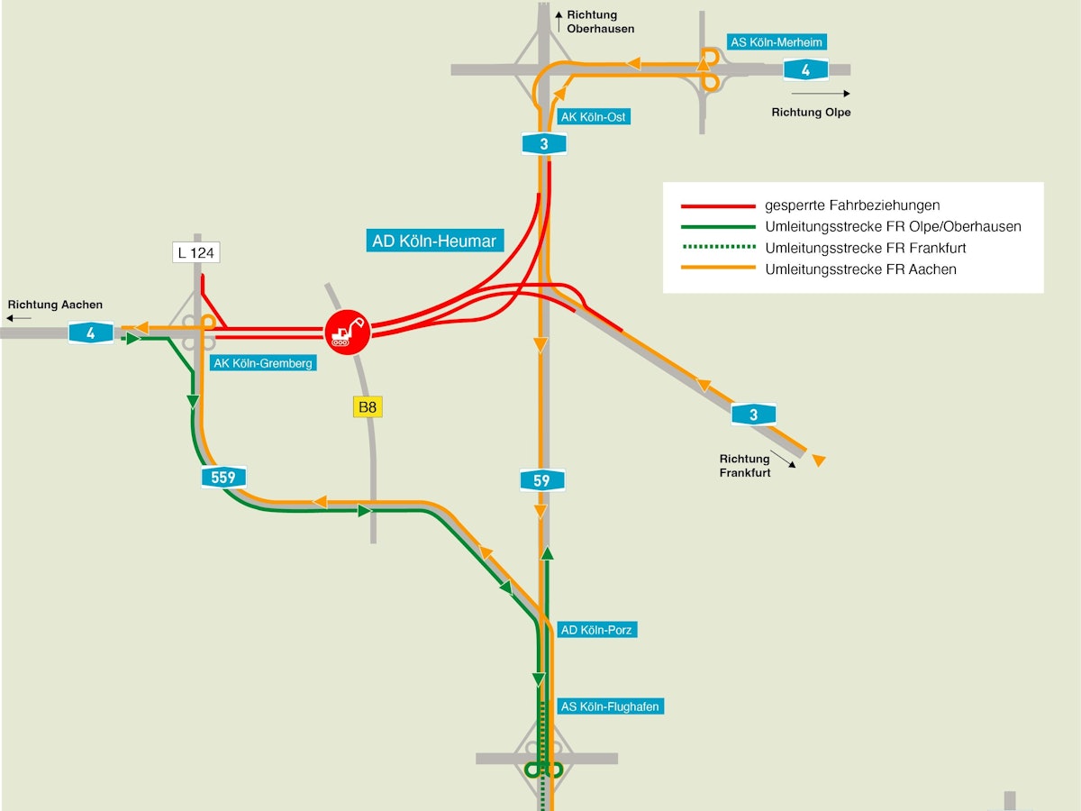 Eine Grafik zeigt die Umleitung. Die A4 wird am Wochenende (18. bis 21. März 2022) voll gesperrt. Wie Sie das Nadelöhr Köln-Heumar am besten umfahren können.