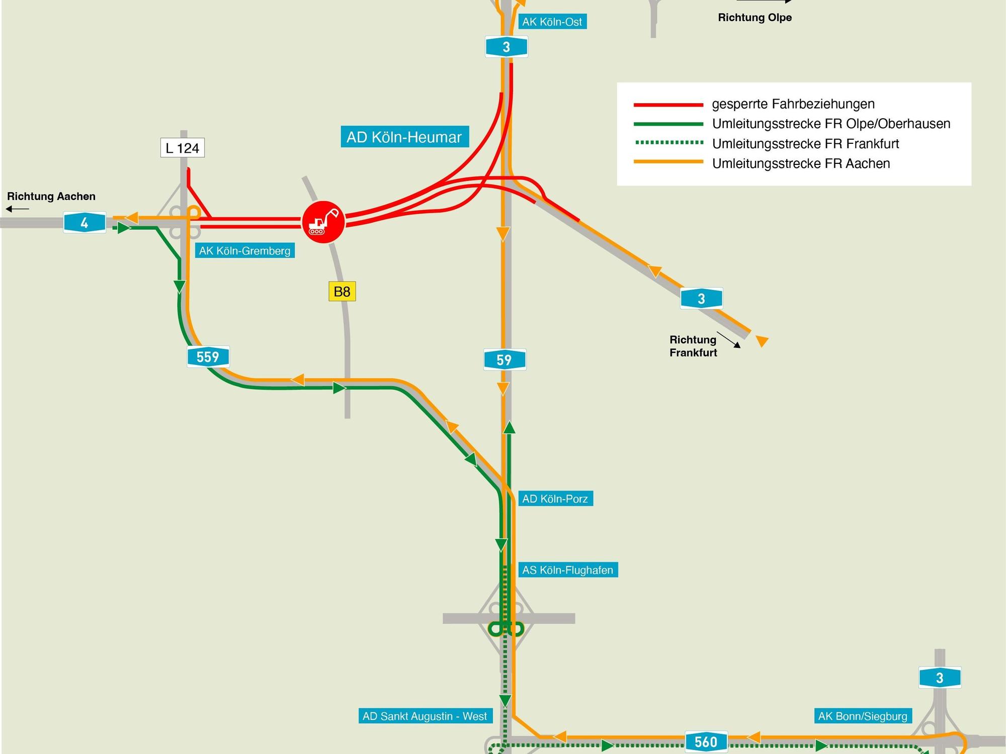 Eine Grafik zeigt die Umleitung. Die A4 wird am Wochenende (18. bis 21. März 2022) voll gesperrt. Wie Sie das Nadelöhr Köln-Heumar am besten umfahren können.