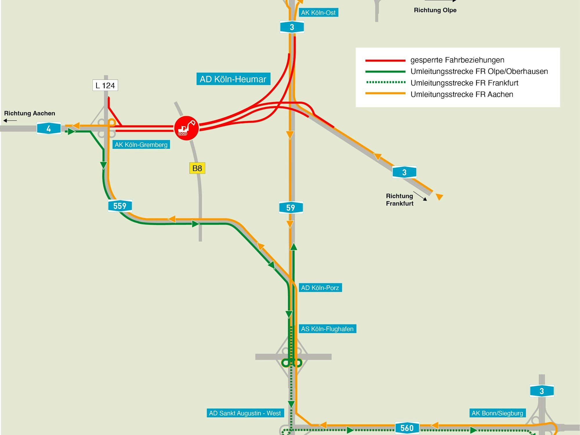 Eine Grafik zeigt die Umleitung. Die A4 wird am Wochenende (18. bis 21. März 2022) voll gesperrt. Wie Sie das Nadelöhr Köln-Heumar am besten umfahren können.