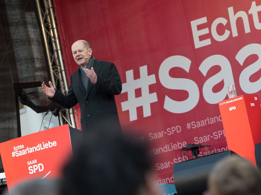 Bundeskanzler Scholz am Freitag (18. März) bei der Wahlkampfveranstaltung im Saarland.