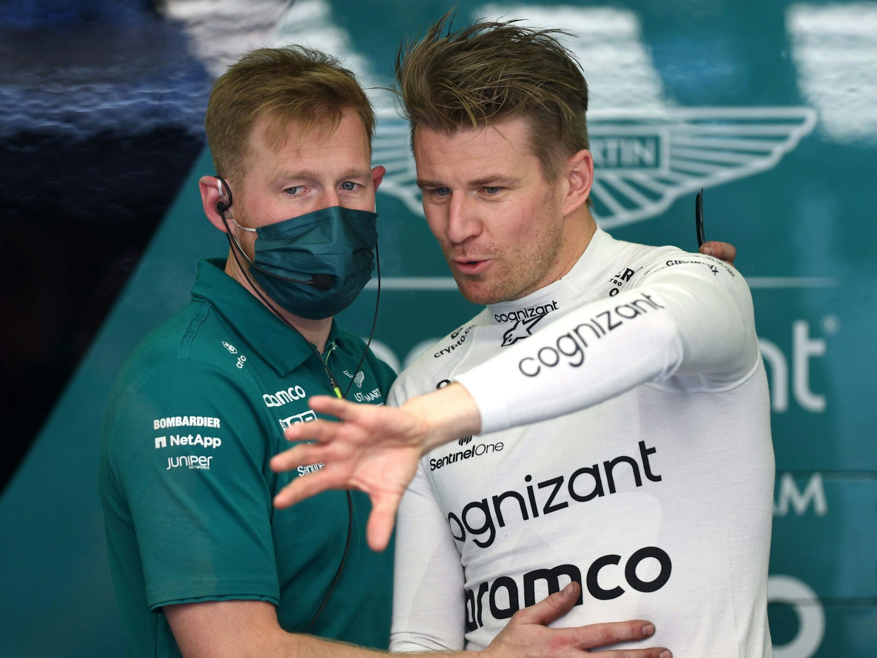 BAHRAIN, BAHRAIN - MARCH 18: Nico Hulkenberg of Germany and Aston Martin F1 Team prepares to drive in the garage during practice ahead of the F1 Grand Prix of Bahrain at Bahrain International Circuit on March 18, 2022 in Bahrain, Bahrain. (Photo by Lars Baron/Getty Images)