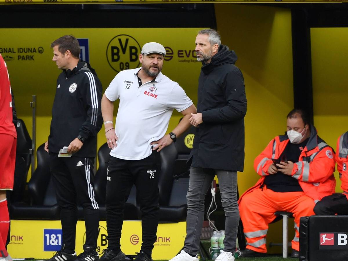 Marco Rose und Steffen Baumgart im Gespräch an der Seitenlinie.