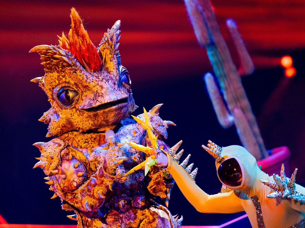 Die Figur „Der Dornteufel“ steht in der ProSieben-Show „The Masked Singer“ auf der Bühne.