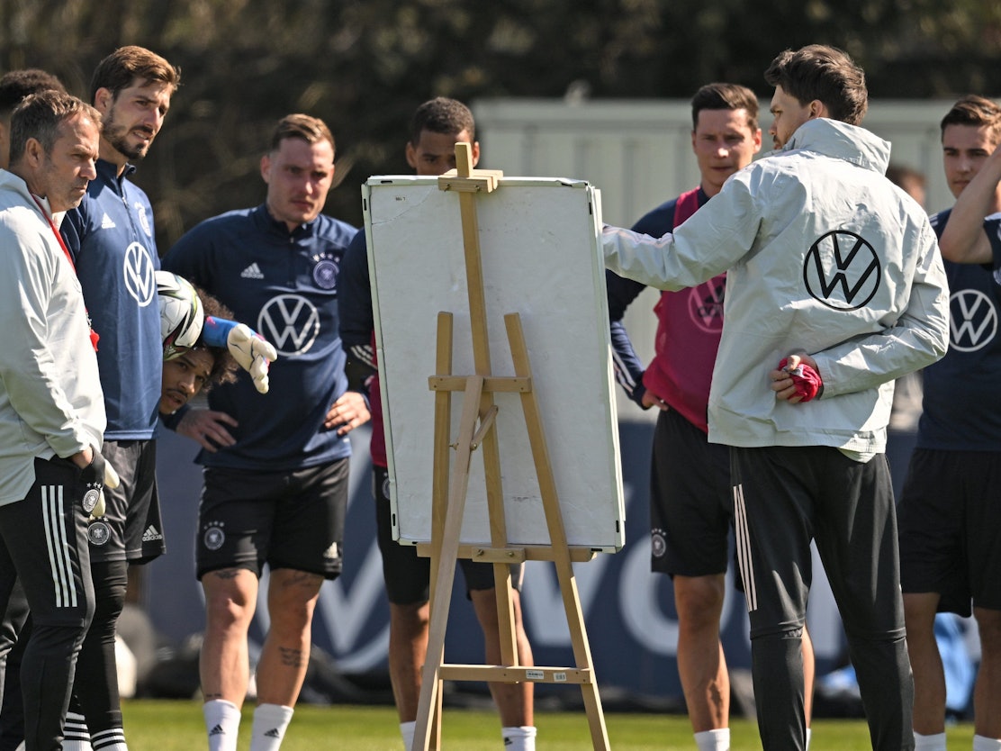 Co-Trainer Danny Röhl (r) und Trainer Hansi Flick (l) mit der Mannschaft.