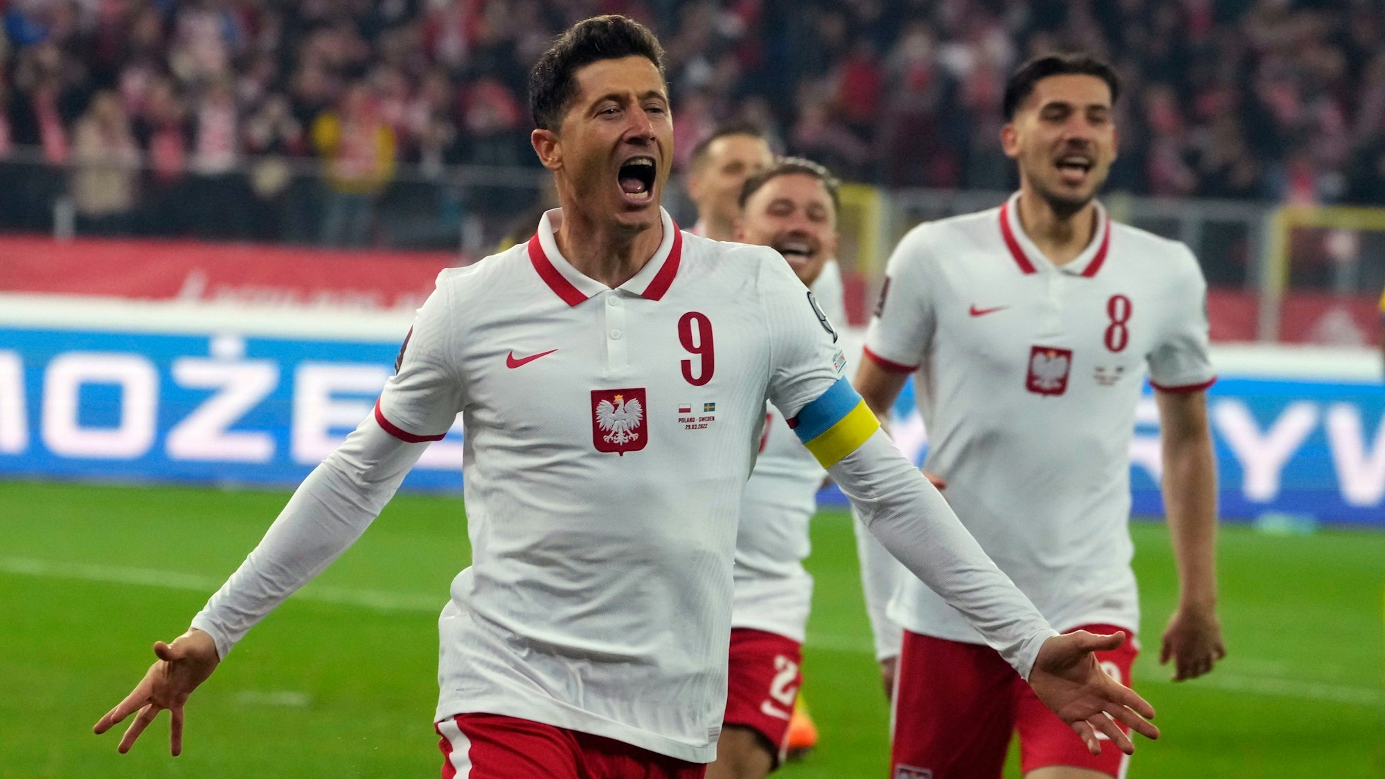 Robert Lewandowski jubelt im Playoff-Duell mit Polen über seinen Treffer gegen Schweden und das WM-Ticket für die Endrunde in Katar.