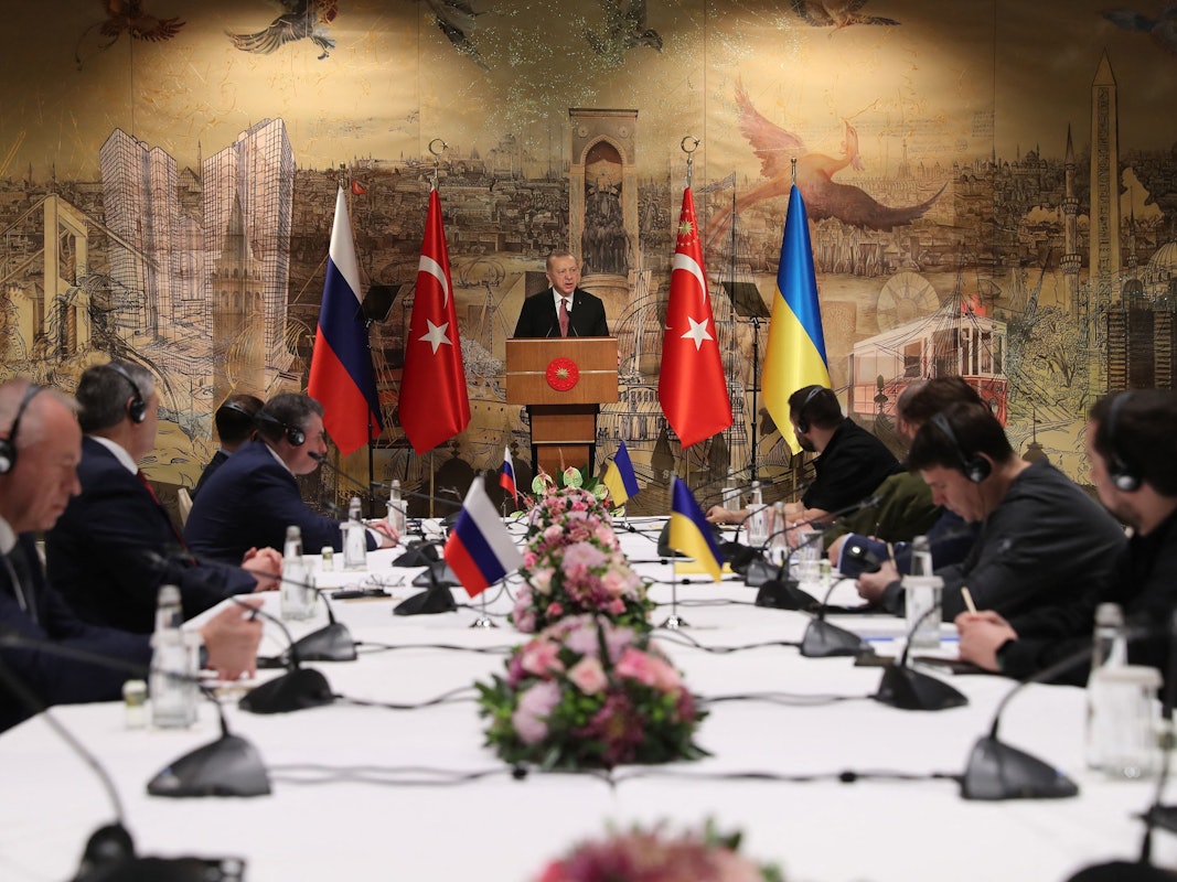 Dieses Handout-Foto, das am 29. März vom Pressedienst des türkischen Präsidenten veröffentlicht wurde, zeigt Recep Tayyip Erdoğan bei der Eröffnung der ukrainisch-russischen Gespräche in Istanbul.