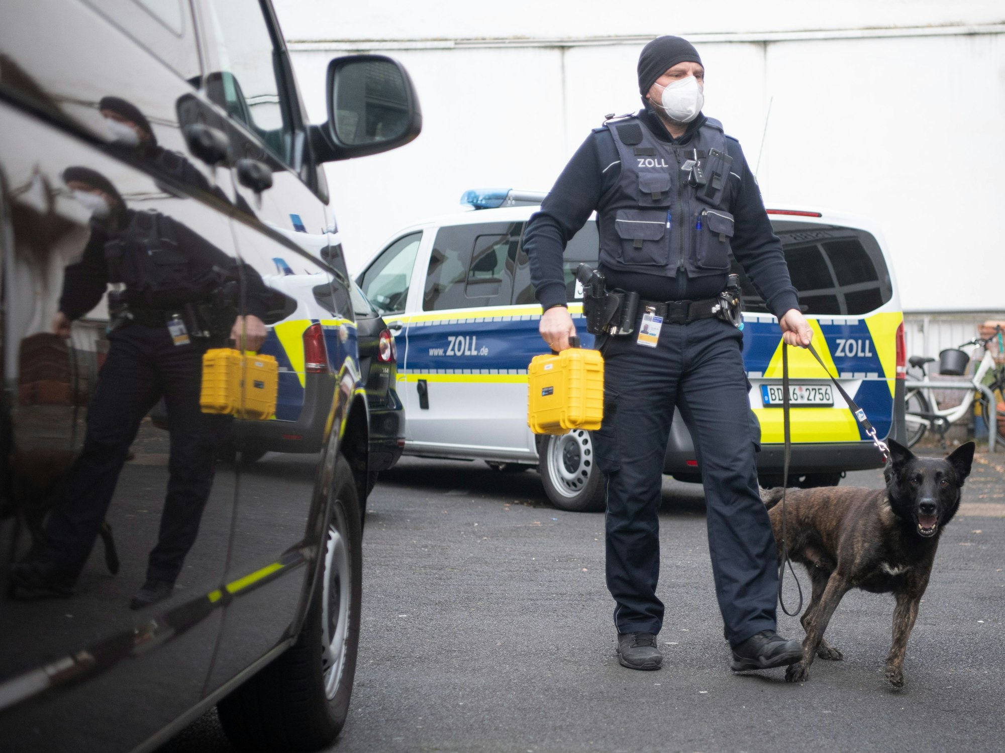 Hundeführer des Zolls geht bei einer Razzia mit seinem Hund in ein Haus.
