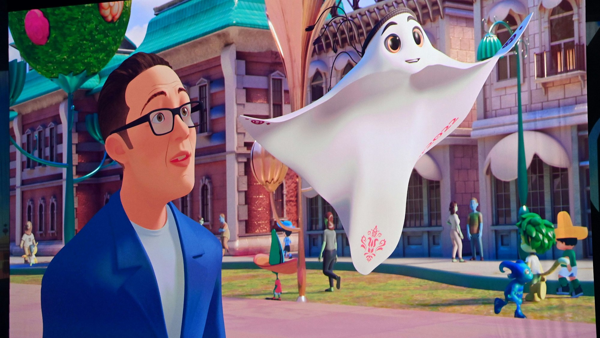 DOHA, QATAR - APRIL 01: La'eeb, The Fifa World Cup Qatar 2022 Mascot is announced on a LED Screen during the FIFA World Cup Qatar 2022 Final Draw at the Doha Exhibition Center on April 01, 2022 in Doha, Qatar. (Photo by Shaun Botterill/Getty Images)