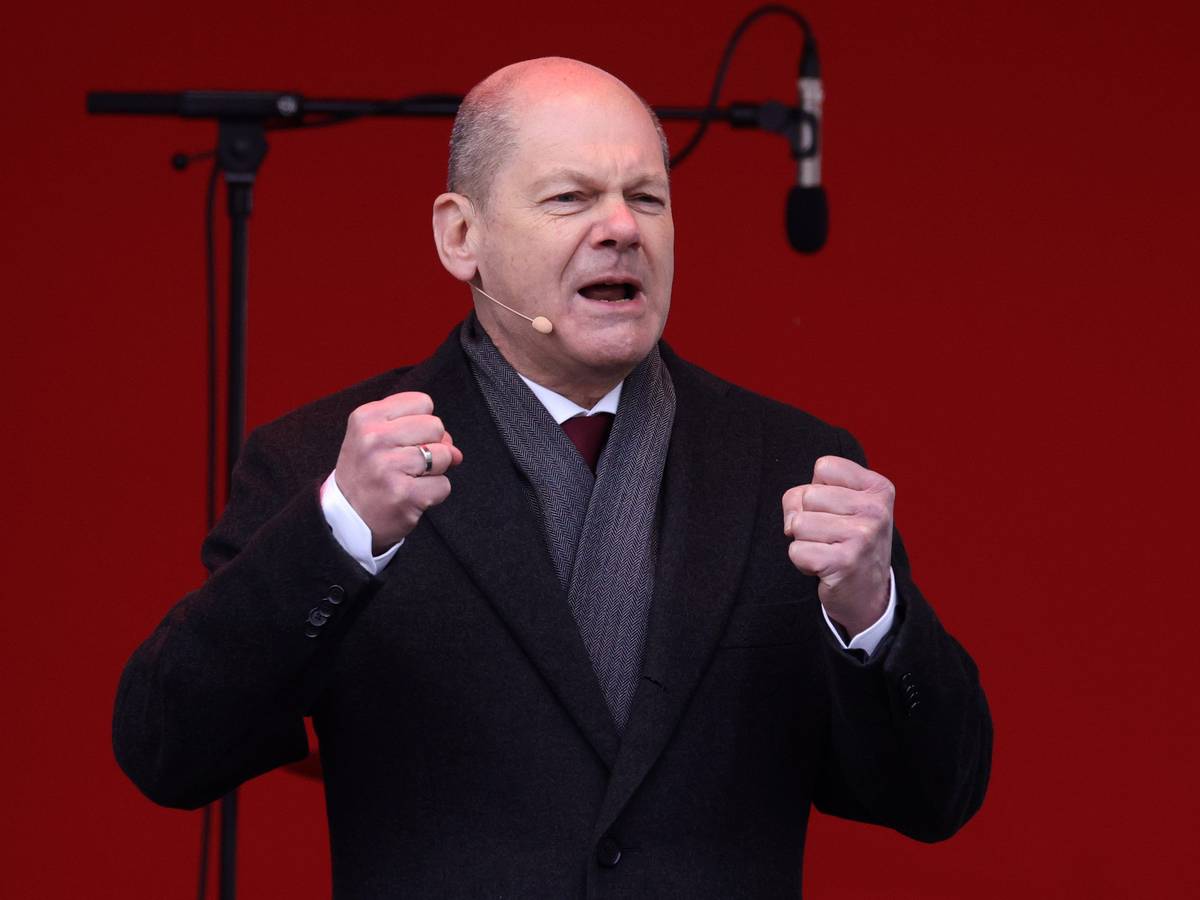 Bundeskanzler Olaf Scholz bei seiner Rede in Essen am 2. April.