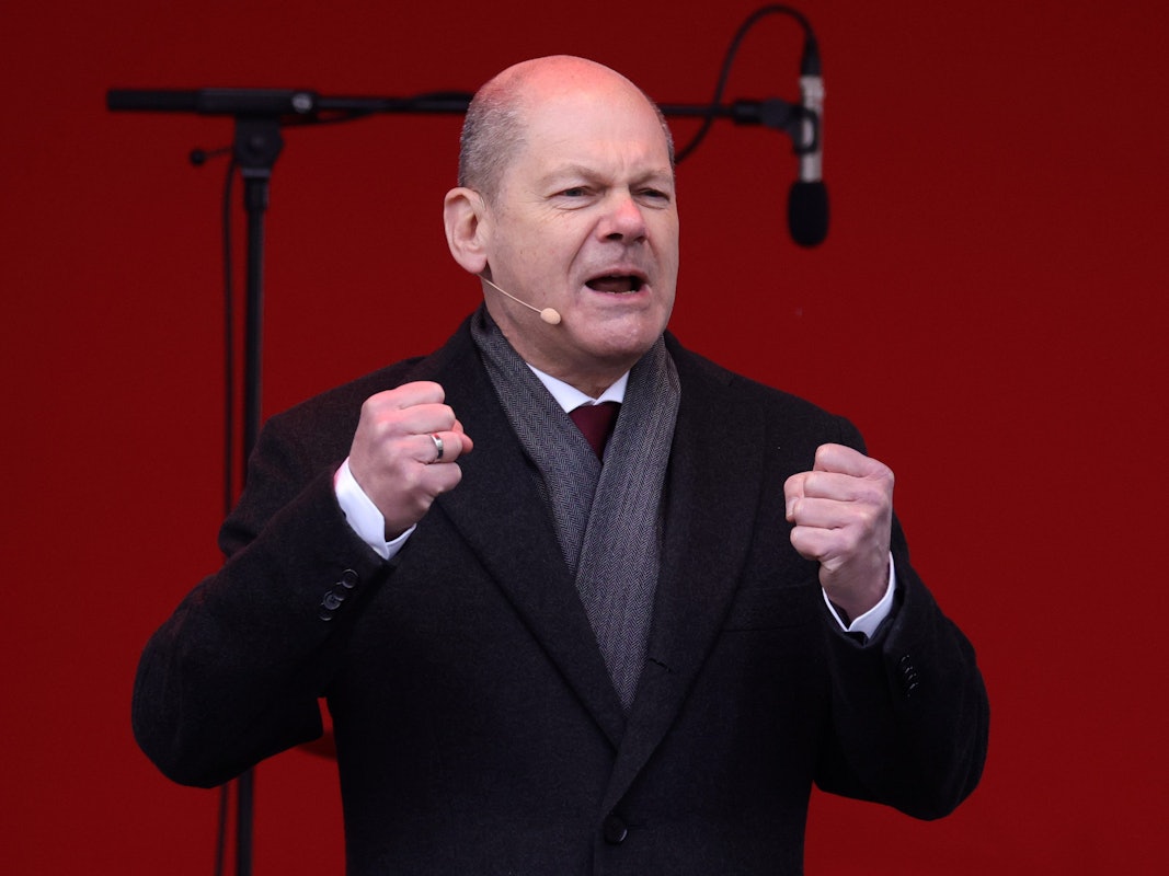 Bundeskanzler Olaf Scholz bei seiner Rede in Essen am 2. April.