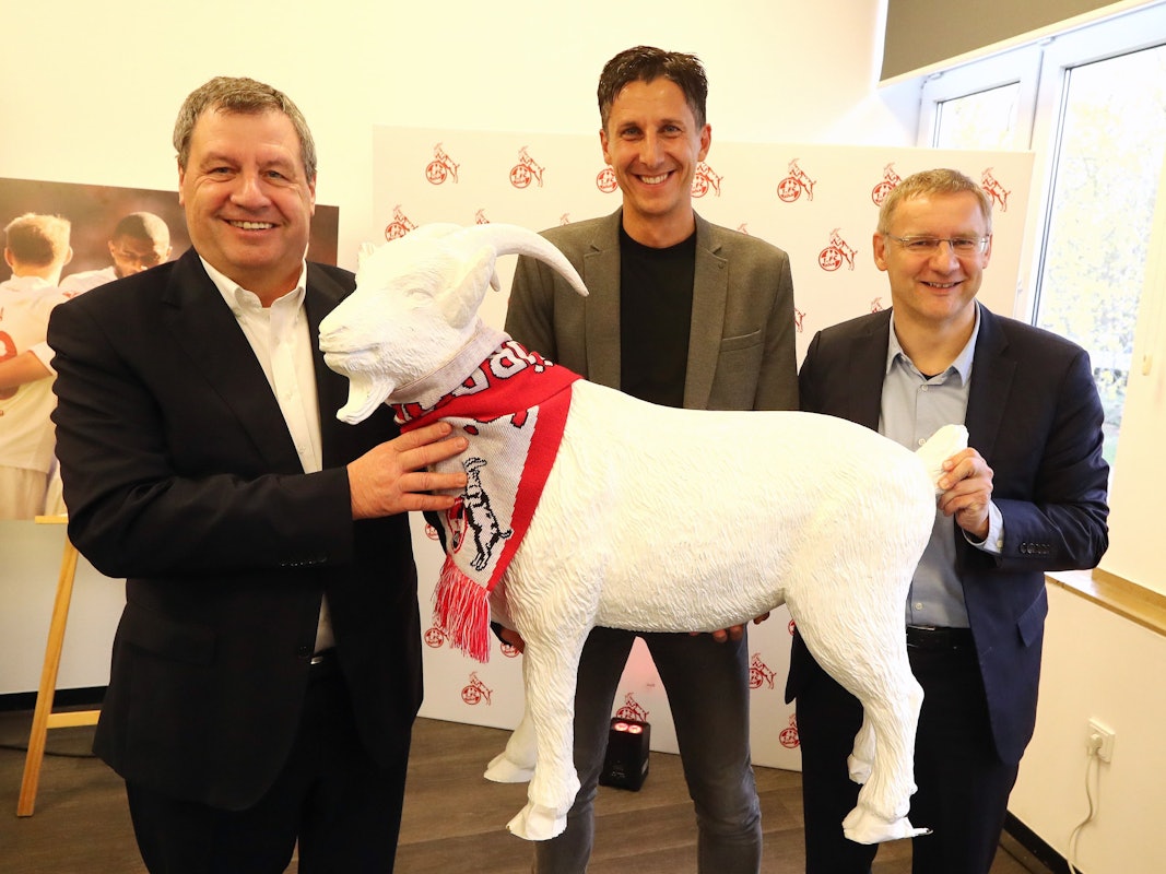 Christian Keller hält beim 1. FC Köln mit Werner Wolf und Eckhard Sauren einen Geißbock.