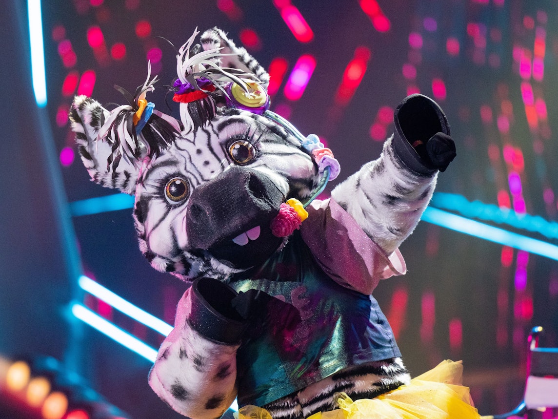 Die Figur „Das Zebra“ steht in der Prosieben-Show „The Masked Singer“ auf der Bühne.