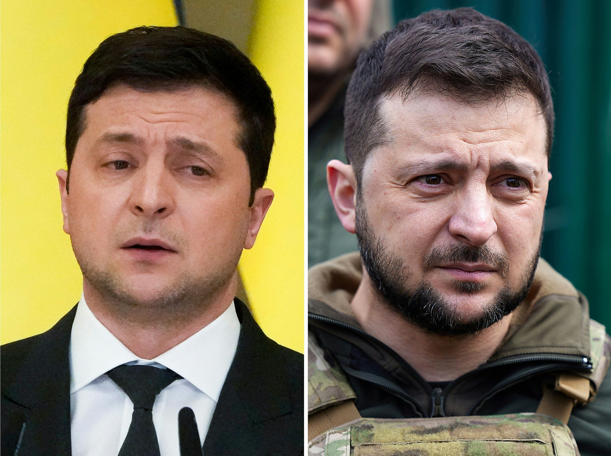 Die Bildkombo zeigt Wolodymyr Selenskyj links am 23. Februar 2022 und rechts am 4. März 2022.